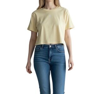 Adidas Originals Cropped T-Shirt Pale Yellow Trefoil Logo 3-Stripe Womens Small